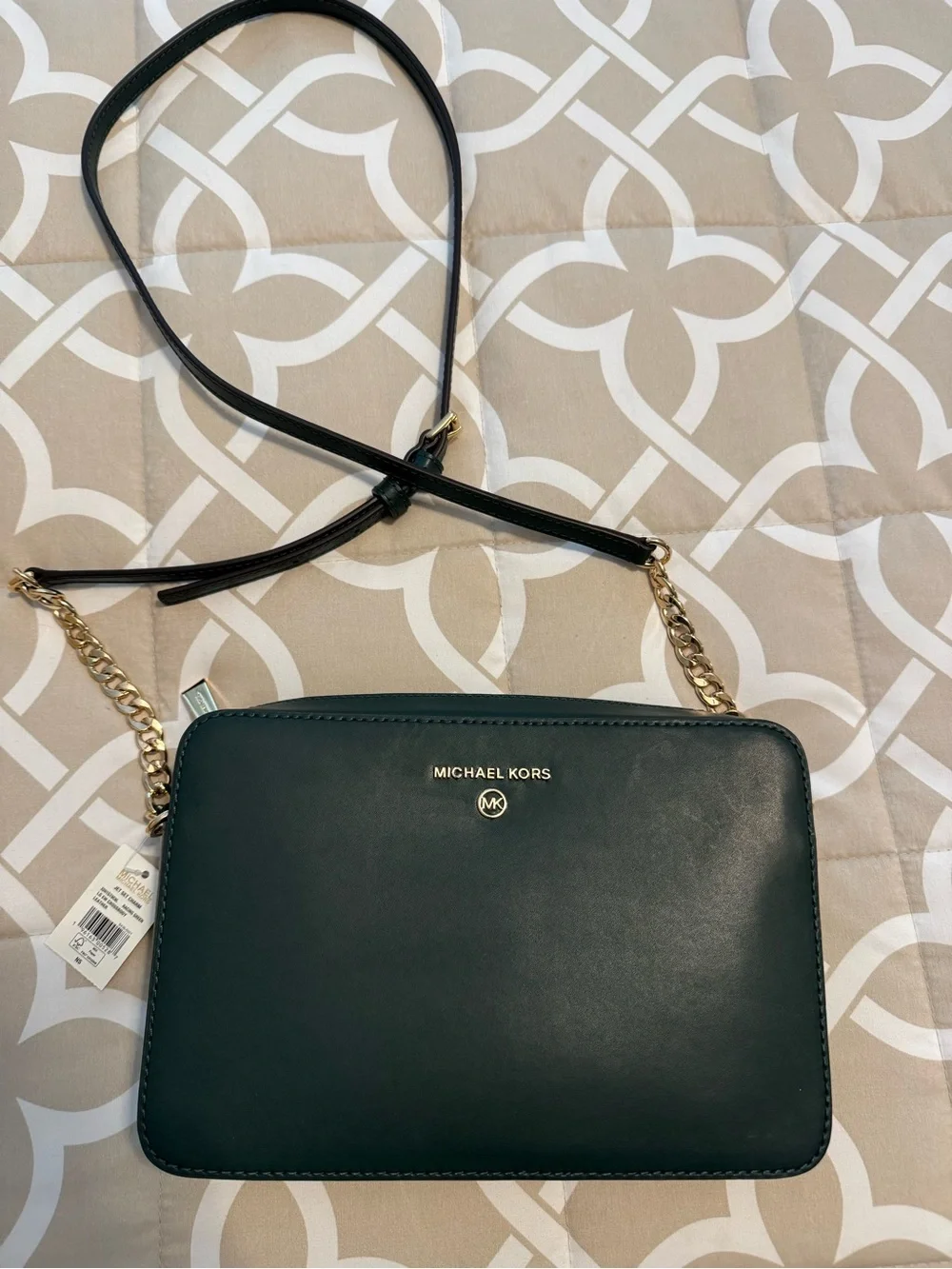 Michael Kors Dark Green Leather Crossbody with Gold Chain